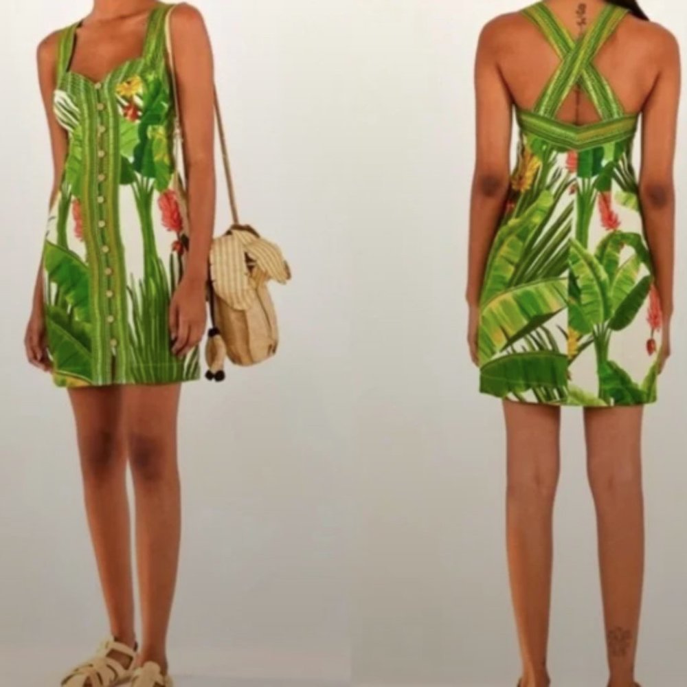 Farm Rio Fresh Forest Scarf Print Linen Mini Dress--NWOT